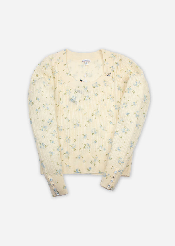 CASHMERE FLORAL PRINT POINTELLE PULLOVER